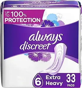 Always Discreet Incontinence Pads for Women and Postpartum Pads, Extra Heavy, 33 CT, up to 100% Bladder Leak Protection