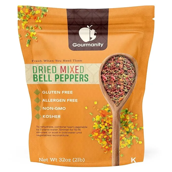 Gourmanity Dried Red and Green Bell Peppers Mix, Flavorful Diced Peppers Fresh and Appetizing, Perfect for Ramen Toppings Soups Stir-Frys and Stews, All Natural, Packed in a Resealable Bag 32oz