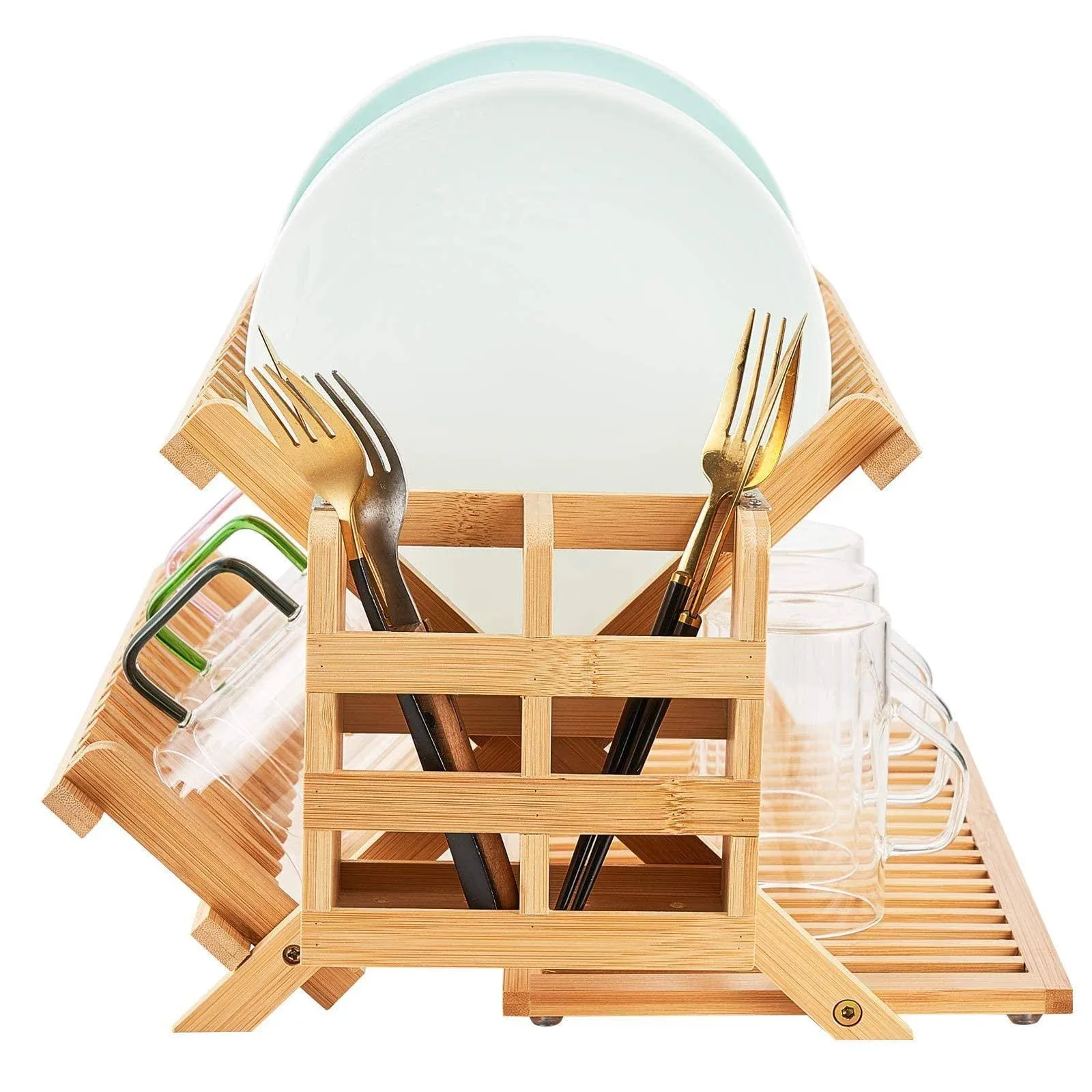 Worthyeah Bamboo Dish Drying Rack, 3 Tier Collapsible Wooden Dish Drying Rack with Utensil Holder, Plate Rack Holder for Kitchen Counter, Large