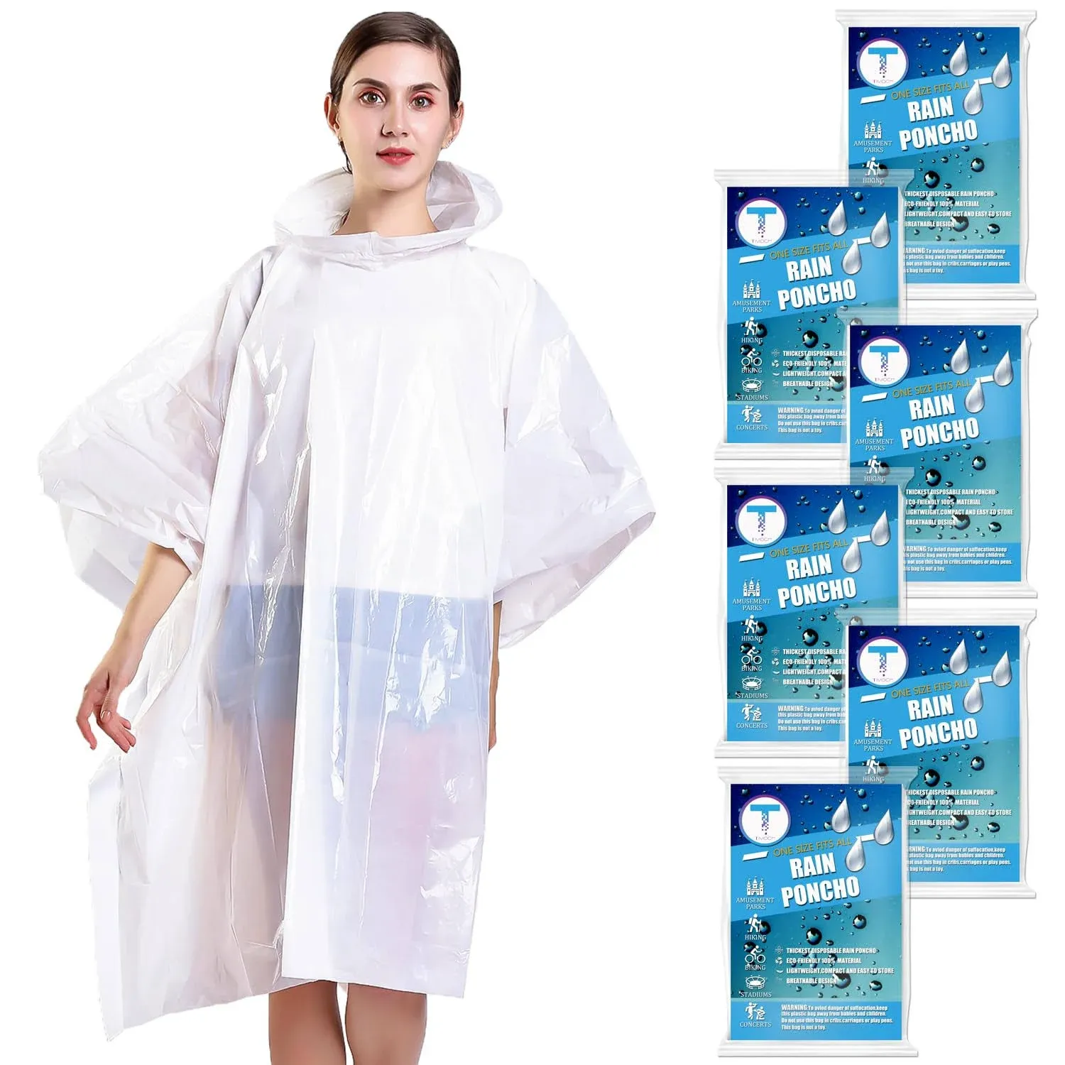 Disposable Rain Ponchos for Adults (6 Pack) 50% Thicker Emergency Ponchos-White