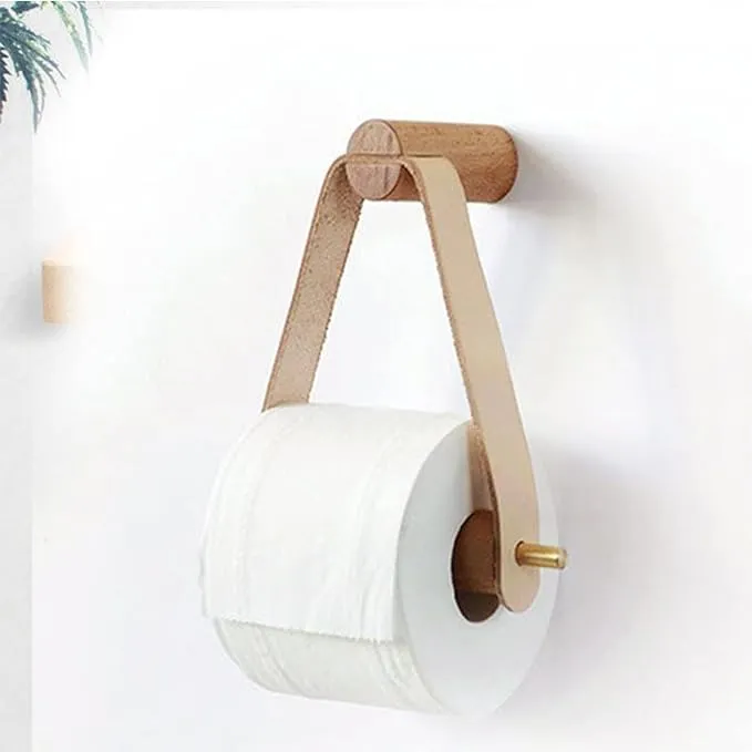 koofull Wood & Leather Wall Toilet Paper Holder, Rustic Tissue Rolls Paper Holder ...