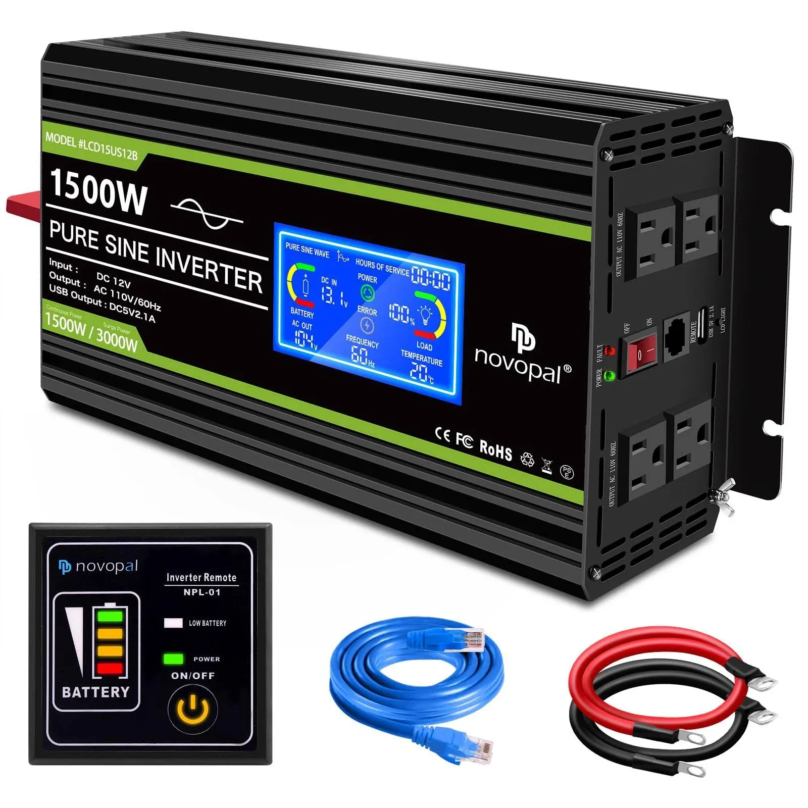 Novopal 1500 Watt Pure Sine Wave Power Inverter DC 12V to 110V/120V Converter 4 AC Outlets Car Inverter with USB Port 16.4 Feet