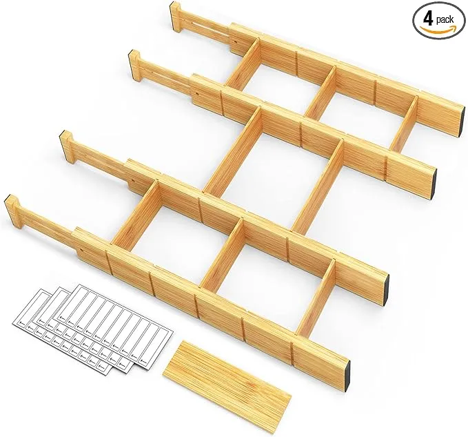 SpaceAid Bamboo Drawer Dividers with Inserts and Labels Kitchen Adjustable Drawer Organizers