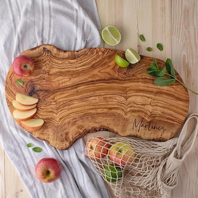 Forest Decor Olive Wood Personalized Cutting Board with Live Edge, Engraved Cheese Board for Serving Food, Wooden Charcuterie Board with Personalization, Perfect Customized Anniversary Wedding Gift