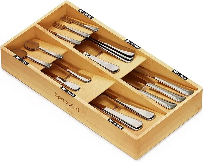 SpaceAid Bamboo Silverware Drawer Organizer with Labels, Kitchen Utensil Tray Holder Organizer for Flatware, Cutlery, Spoon and Knives Drawer Storage Organization (Natural, 6 Slots)