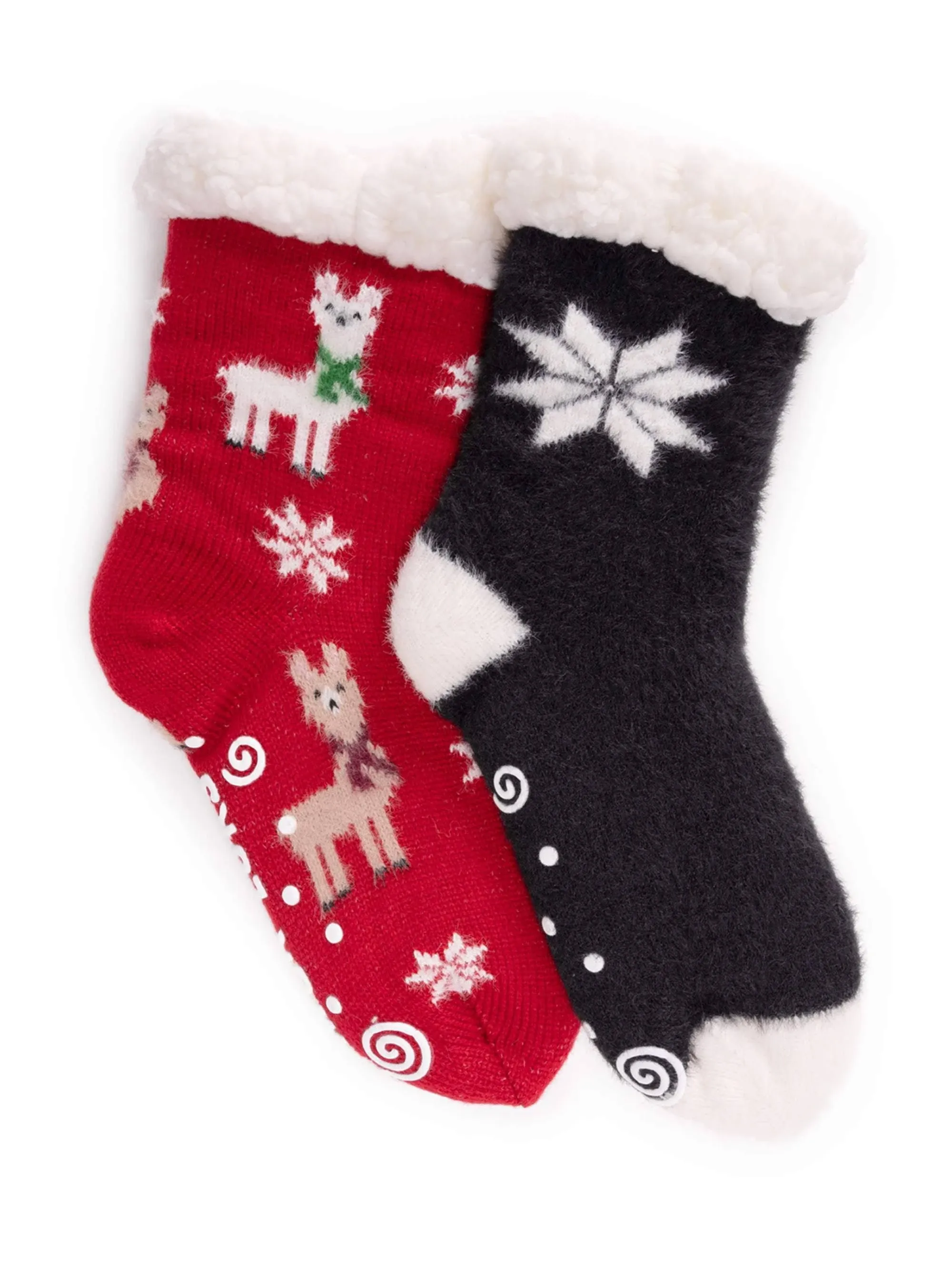 Muk Luks Women's Cabin Cozy Sock, 2 Pair, Red Llama, Black Star