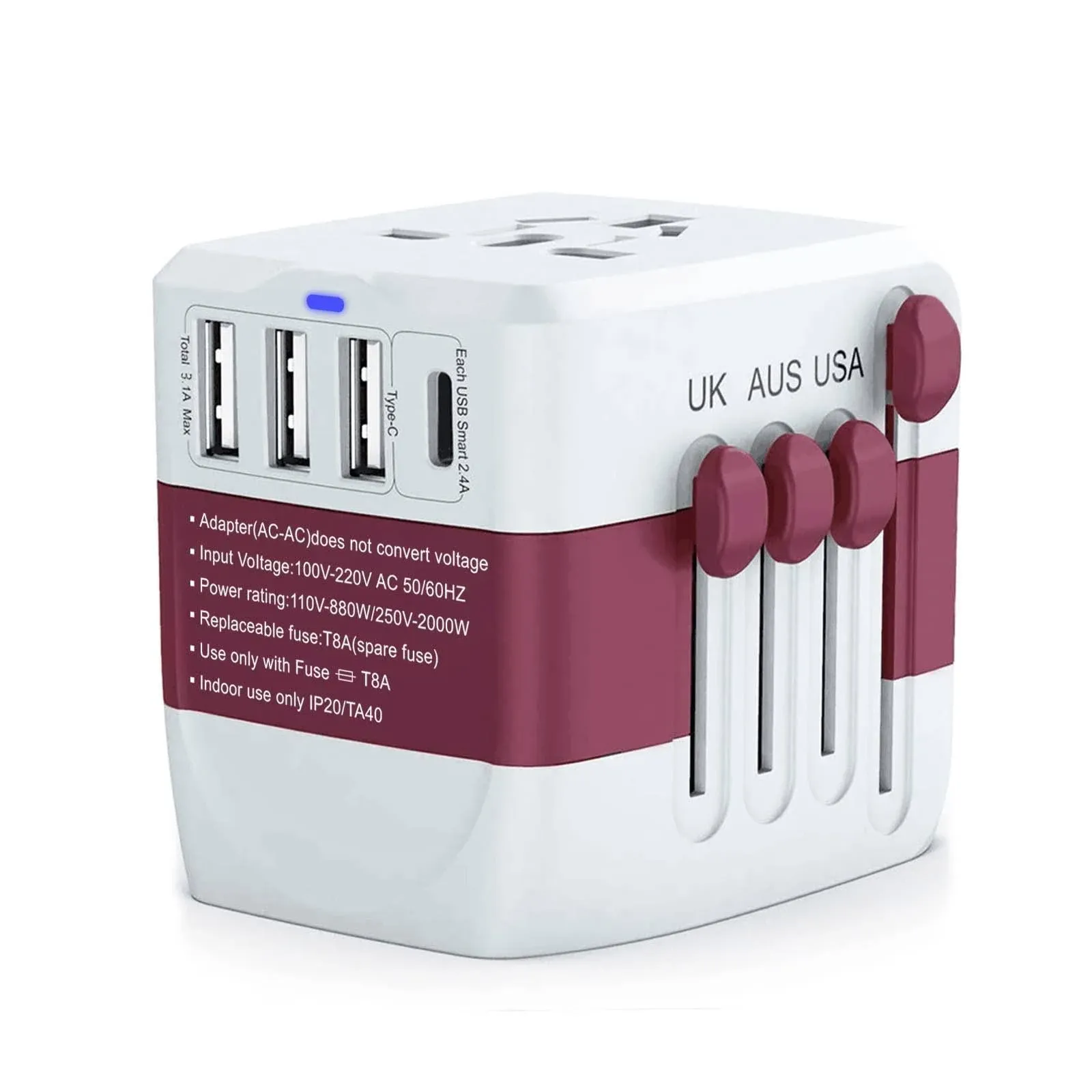 International Travel Adapter All-in-one Universal Power Adapter Worldwide W/ 3 USB 1 Type-C Ports for US, UK, EU, AU & Asia Covers 150+Countries Wall Charger (Red)