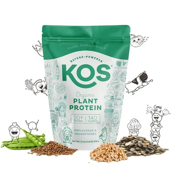 KOS Plant Based Protein Powder, No Erythritol, Unflavored & Unsweetened - USDA Organic Pea Protein Blend, Superfood with Vitamins & Minerals - Dairy Free, Meal Replacement for Women & Men, 14 Servings