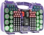 The Battery Organizer Storage Case with Hinged Clear Cover, Includes A Removable Battery Tester, Holds 180 Batteries Various Sizes Purple.