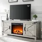 T4TREAM Fireplace TV Stand for 75 inch TV, Farmhouse Barn Door Media Console, Entertainment Center with 23" Electric Fireplace Remote Control,for