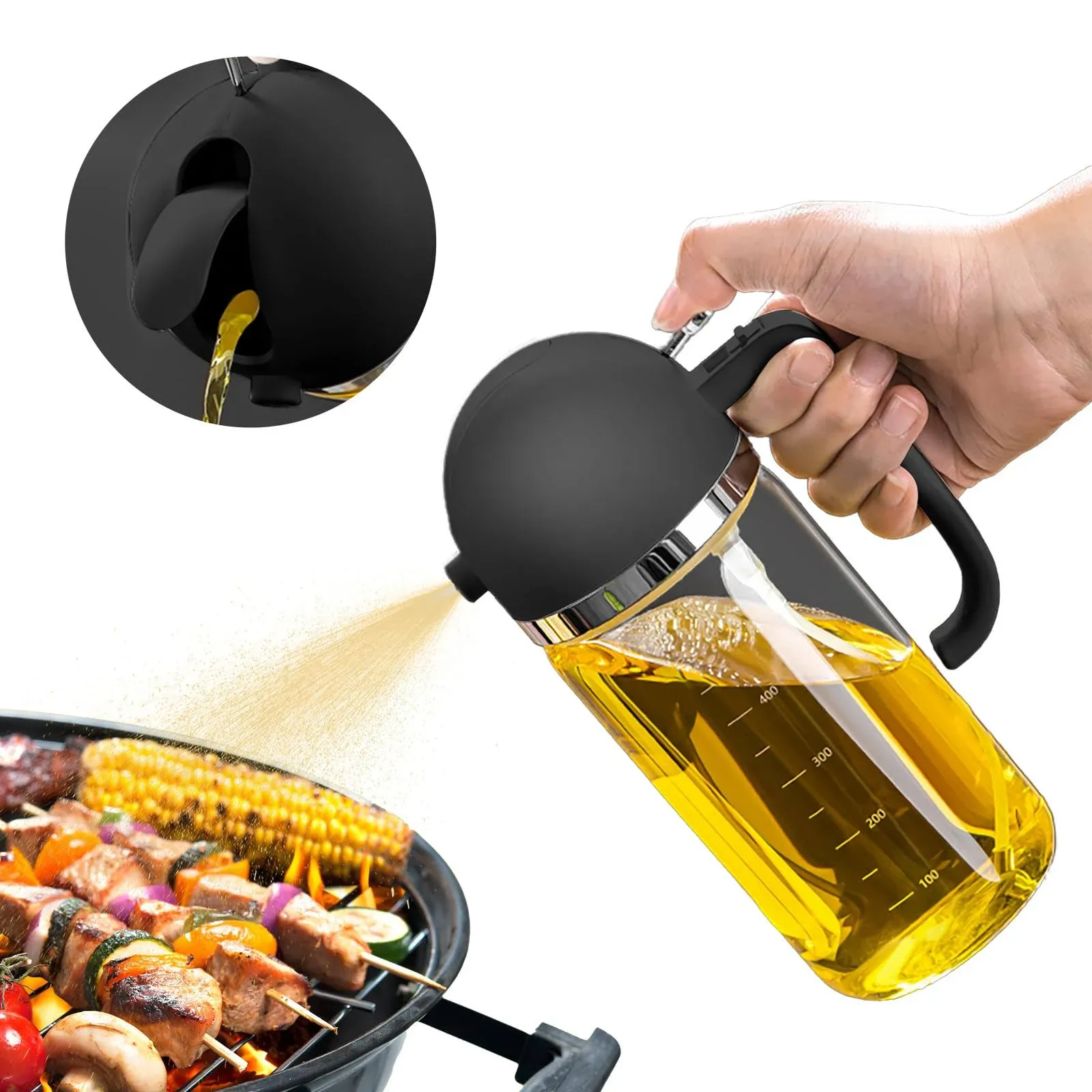 CXINYI - Oil Dispenser for Kitchen - 16oz / 470ml Olive Oil Bottle - 2 in 1 Olive Oil Dispenser & Oil Sprayer with Brush - Oil Sprayer for Cooking, Salad, Barbecue Black