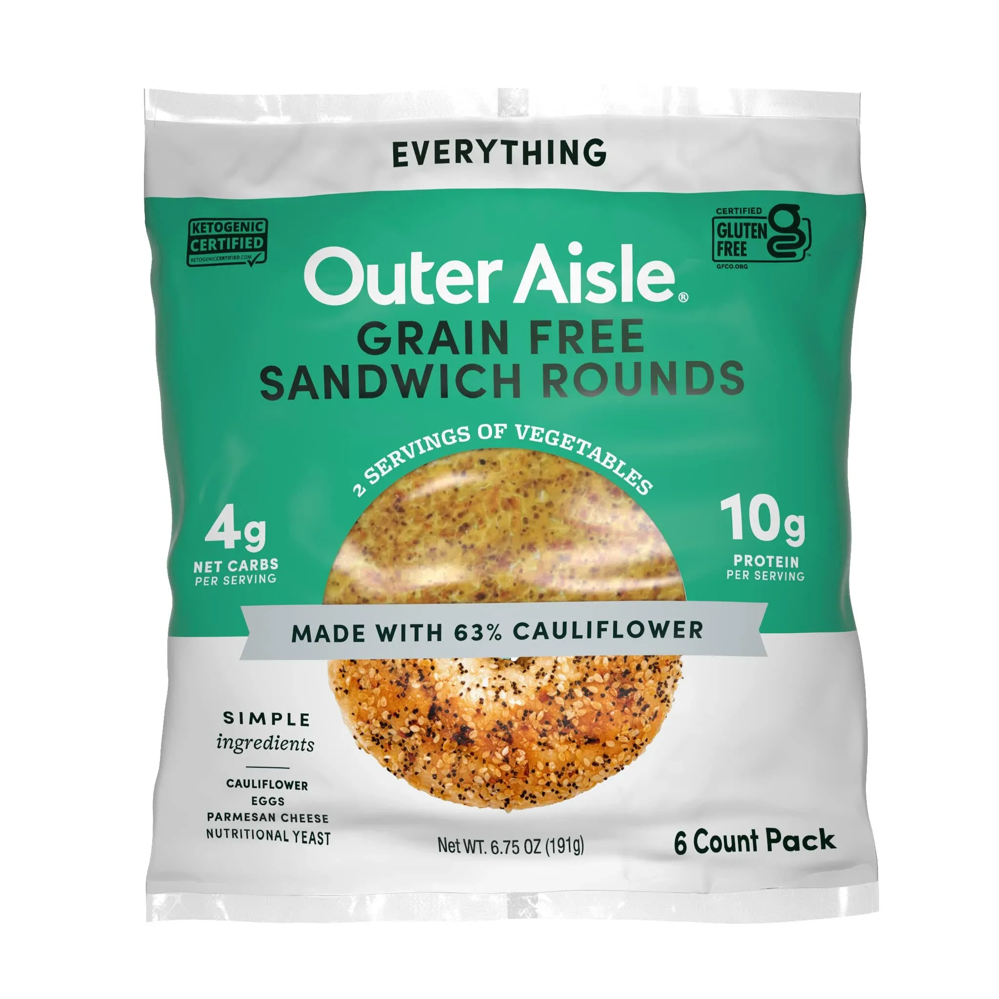 Outer Aisle Cauliflower Bread | Everything But The Carbs | Keto, Gluten Free, Low Carb Cauliflower 'Everything' Sandwich Breads | 5 Pack | 30 Rounds