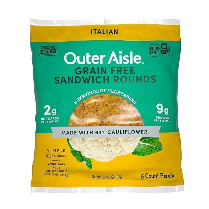 Outer Aisle Cauliflower Bread | Everything But The Carbs | Keto, Gluten Free, Low Carb Cauliflower 'Everything' Sandwich Breads | 5 Pack | 30 Rounds