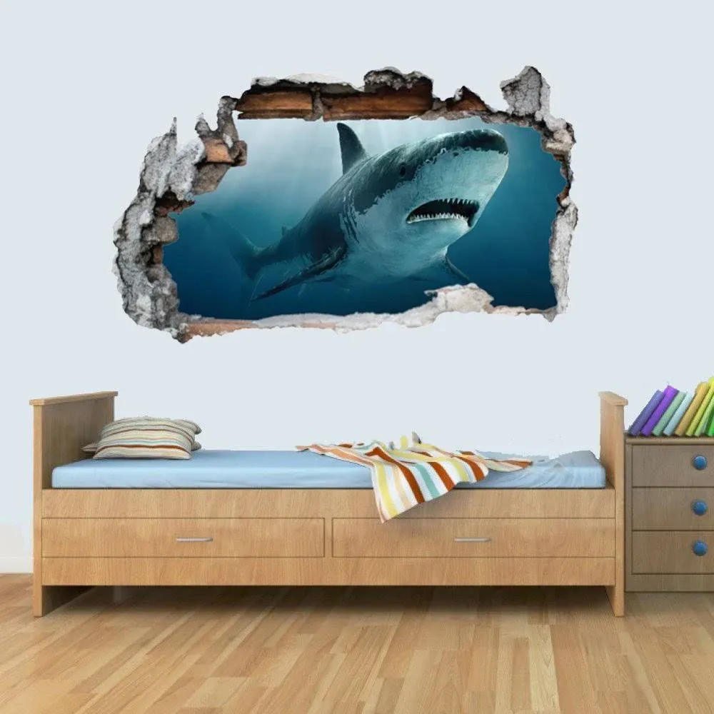 M Vinyl Wall Smashed 3D Art Stickers of Illustrated Shark Poster Bedroom Boys Girls