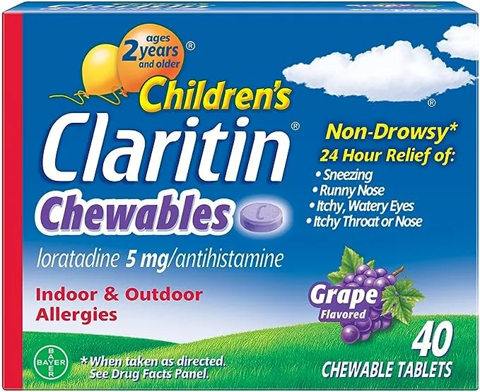 Claritin Children's Chewables 24 Hour Allergy Relief, Non Drowsy Kids Allergy Medicine, Grape Antihistamine Chewable Tablets, For Children 2 Years and Older, 40 Count