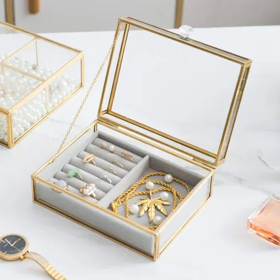 Clear Glass Jewelry Box with Removable Velvet Tray - Jewelry Case with Lid Vanity Vintage Metal Brass Jewellery Display Dust-Proof Organizer for Earring Ring Necklace for Bedroom, Dresser