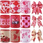 9 Rolls Valentine&#039;s Day Wired Edge Ribbon Love Red Heart Pattern Ribbon Happy 