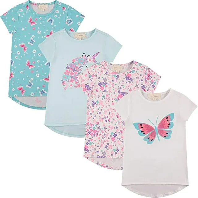 BTween Girls 4-Piece Summer Tops | Fashionable Short Sleeve T-Shirt | Casual Daily Shirt for Kids - Assorted Colors