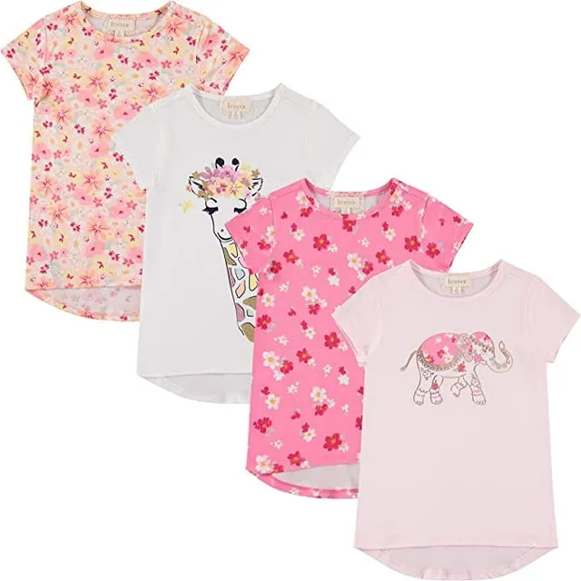 BTween Girls 4-Piece Summer Tops | Fashionable Short Sleeve T-Shirt | Casual Daily Shirt for Kids - Assorted Colors