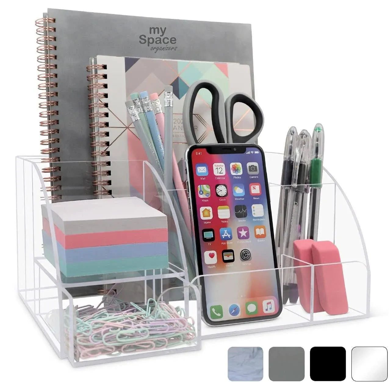 Acrylic Office Desk Organizer with Drawer, 9 Compartments, Office Supplies ...