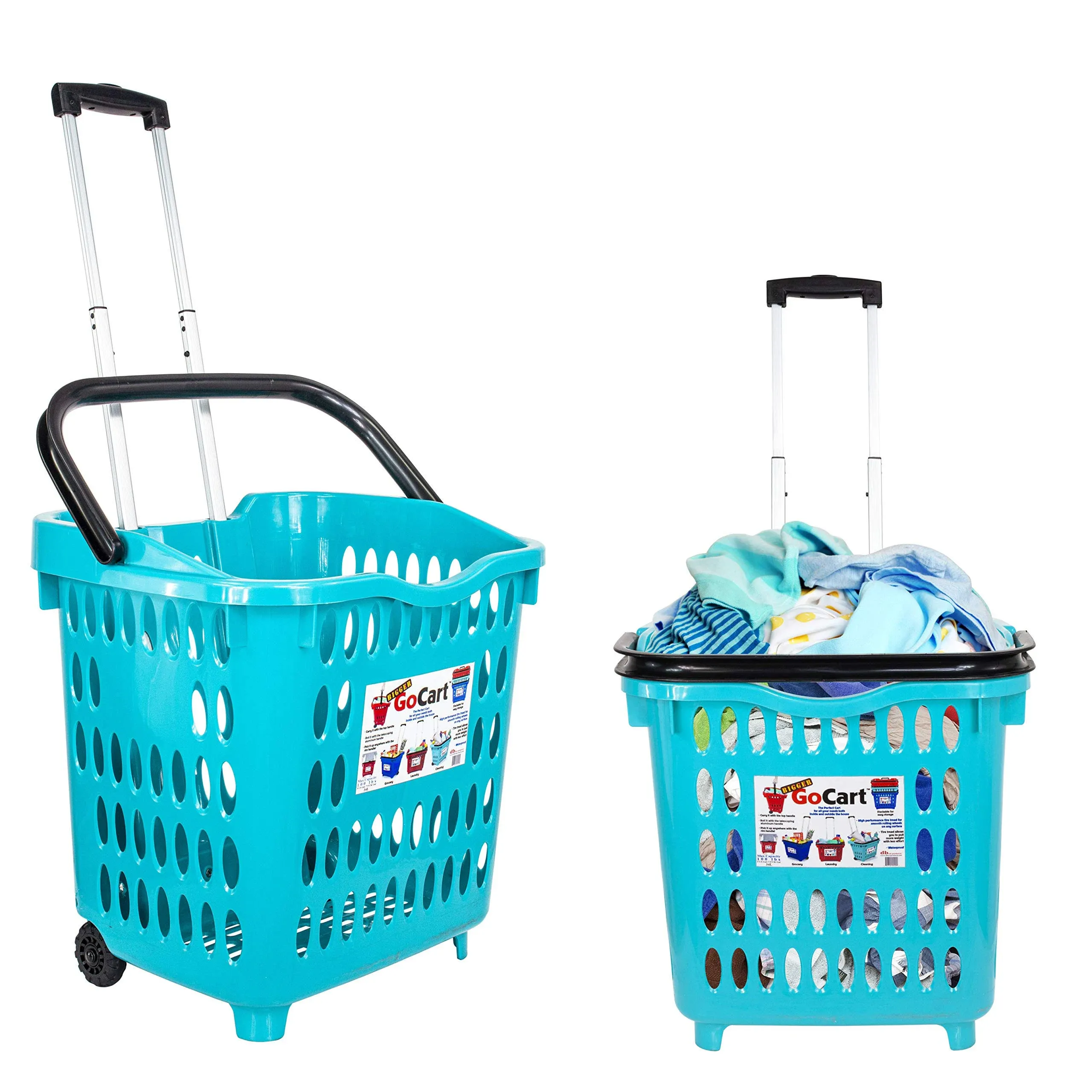 dbest products Bigger GoCart Grocery Cart Rolling Shopping Laundry Basket on Wheels Hamper with Telescopic Handle Cleaning Caddy Trolley, Teal, Bigger 1 pack