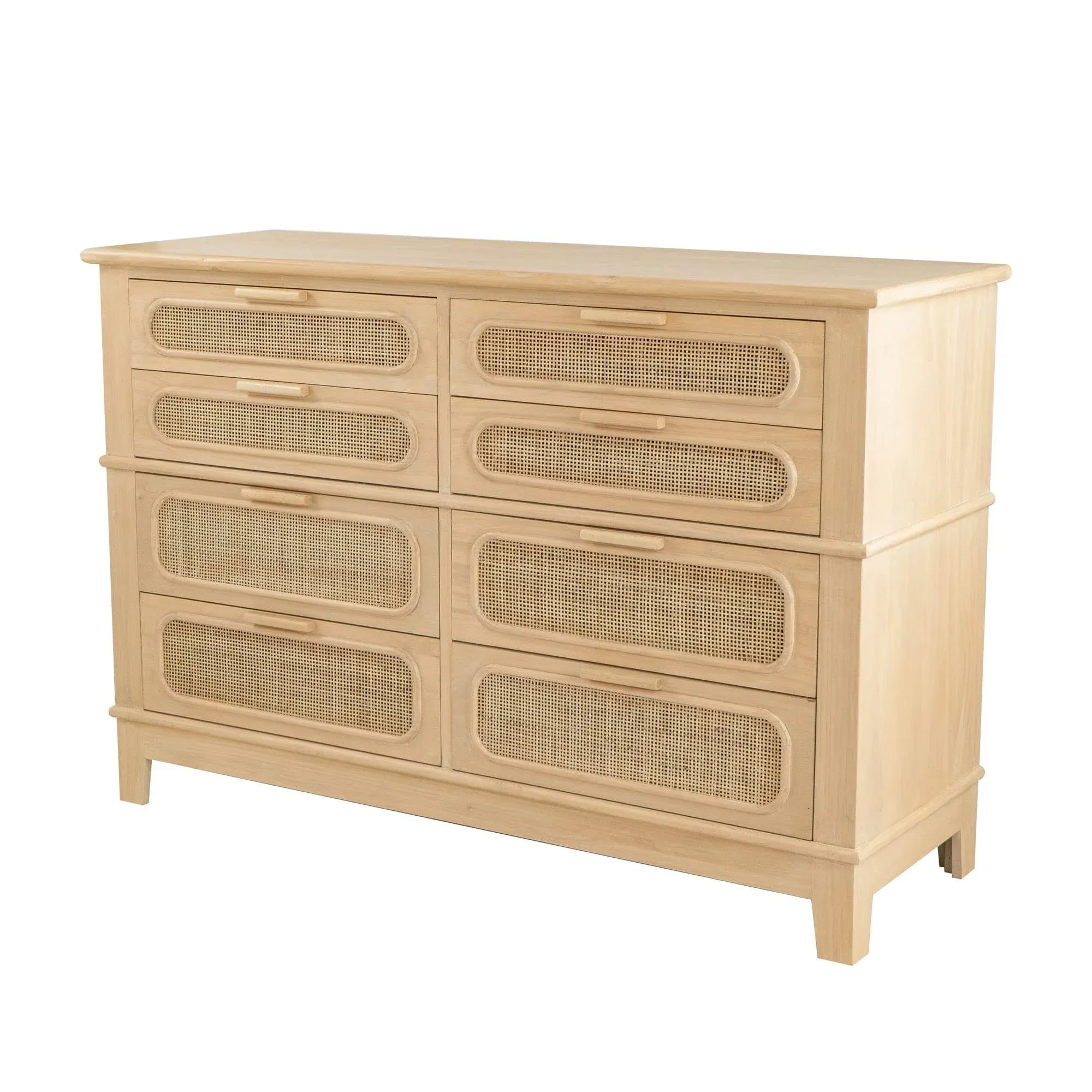 Benjara Dana 52 Inch Chest Cabinet, Pine Wood and Woven Rattan, 8 Drawers, Natural