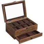 Rustic Walnut 8 Watch Box with Large Glass Lid, 2-Tier Display Case for Men, Velvet Lining Jewelry Storage Holder with Removable Pillows