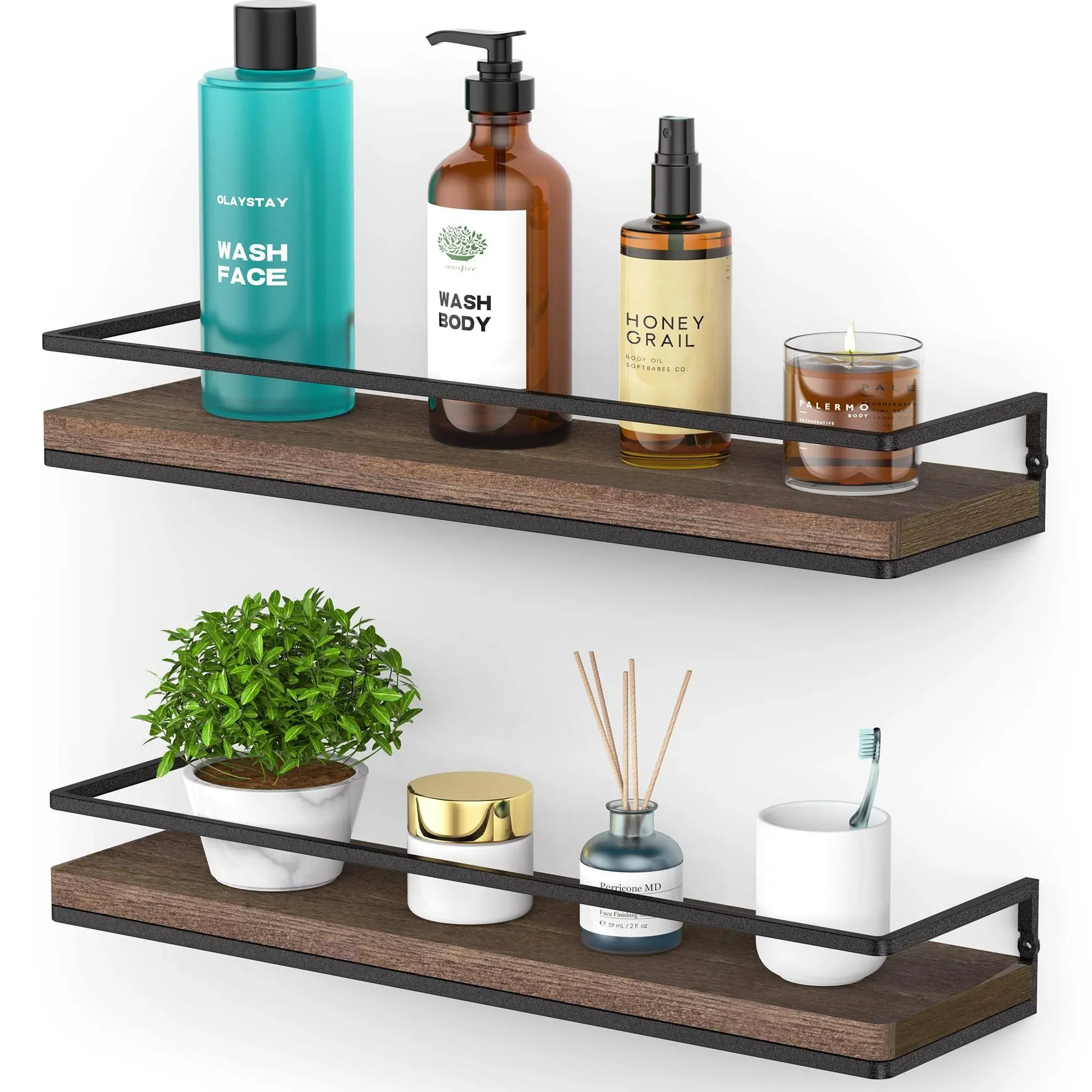 Floating Shelves Wall Mounted Set of 2, Rustic Wood Wall Storage Shelves for Bedroom