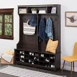 Prepac Brown Hall Tree with Bench and Shoe Storage, 60"W x 77"H x 15.5"D - 24 Shoe Cubby, Mudroom Bench with Storage and Hooks