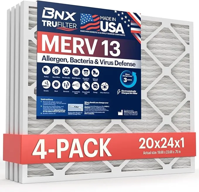 BNX TruFilter 20x24x1 Air Filter MERV 13 (4-Pack) - Made in USA - Electrostatic Pleated Air Conditioner HVAC AC Furnace Filters