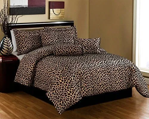 Grand Linen 7 Piece Queen Size Bedding Black Brown Comforter Set Leopard Print Bed in A Bag