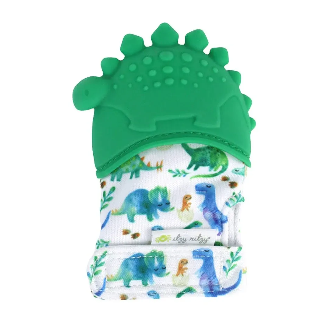 Itzy Ritzy Silicone Teething Mitt - Soothing Infant Teething Mitten w/Adjustable Strap, Crinkle Sound, Textured Silicone, Soothes Sore & Swollen Gums, Baby Teething Toy for 3 Mos & Up, Green Dinosaur