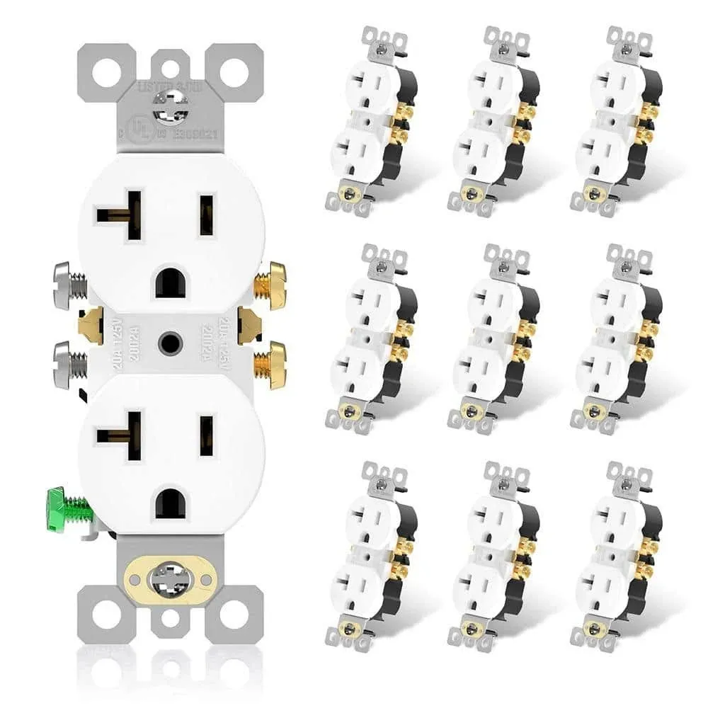 ELEGRP 20 Amp 125V Residential Grade Self Grounding Duplex Outlet, White (10-Pack)