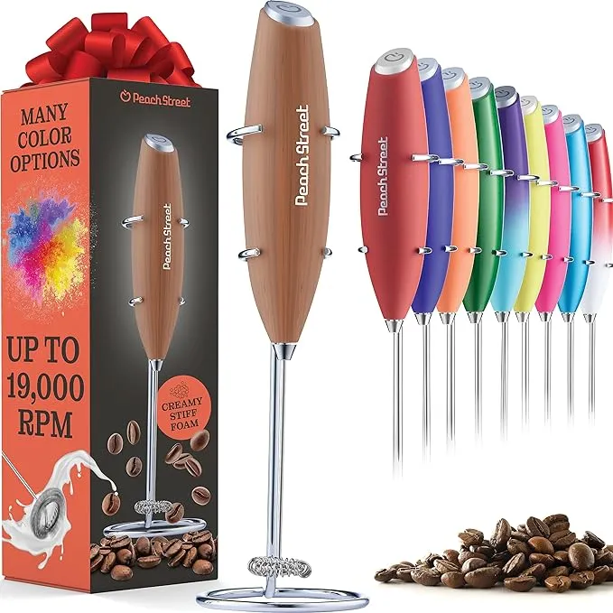 Powerful Handheld Milk Frother, Mini Milk Foamer, Battery Operated (Not included) Stainless Steel Drink Mixer with Frother Stand (Wood)