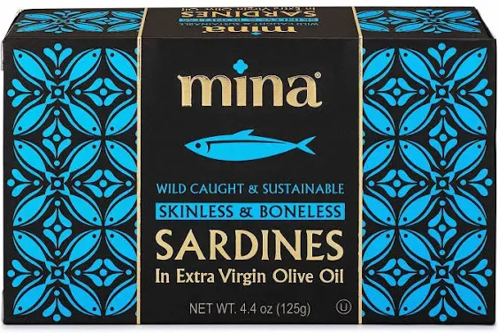 Mina Sardines, Skinless & Boneless Sardines in Extra Virgin Olive Oil, 4.4 Ounce Wild Caught Sardines, Packed By Hand, Low Sodium, High in Protein, Keto, Paleo, Sardines in Olive Oil (Pack of 12)