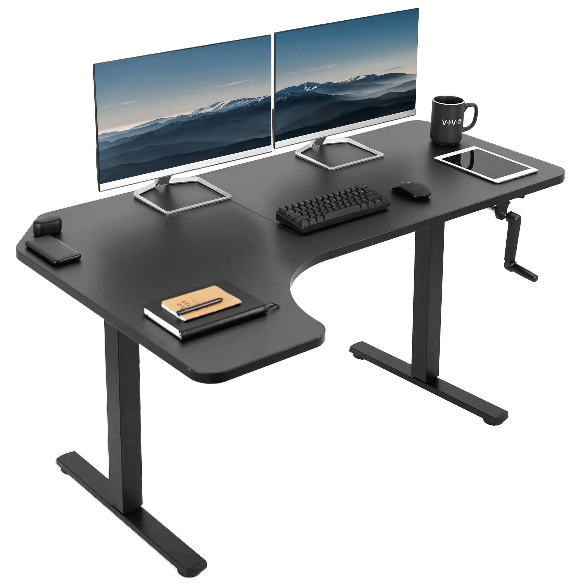 vivo Manual 58" x 35" Corner Stand Up Desk, Black Table Top, Black Frame