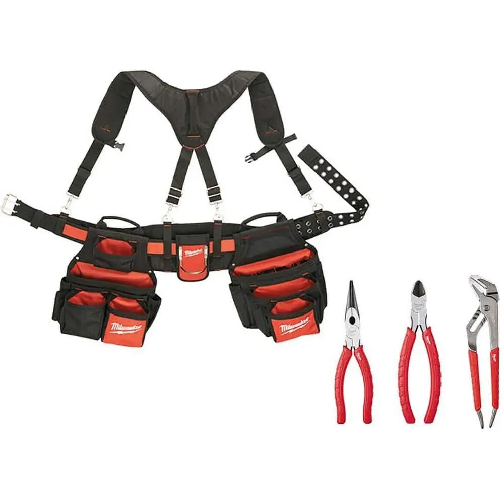 Milwaukee Work Belt Adjustable Size 24-Pockets w/Suspension Rig + 3pc Pliers Kit