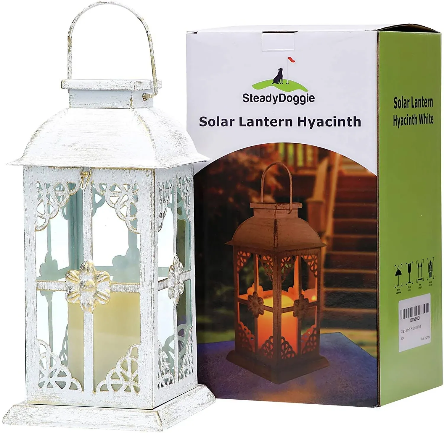 Solar Lantern Outdoor Hyacinth White Decor Antique Metal and Glass Construction Mission