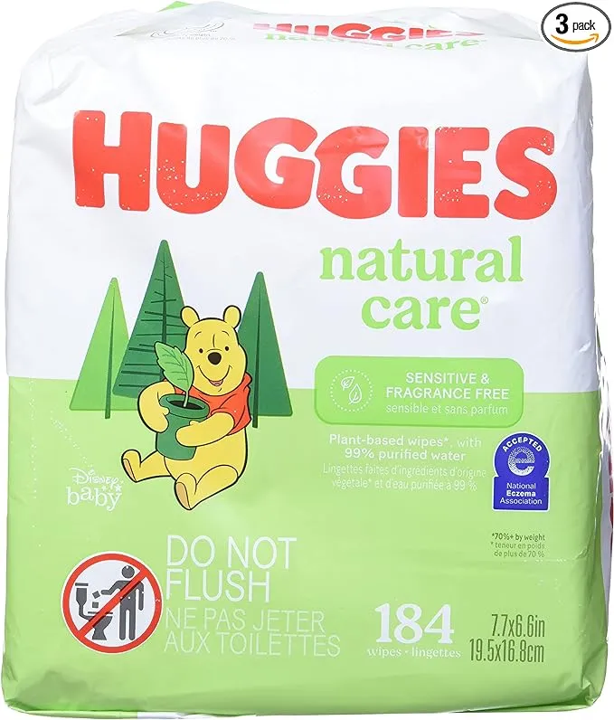 Huggies Natural Care Sensitive Baby Wipes 3.88 x 6.6 Unscented White 184/Pack 3 Packs/Carton