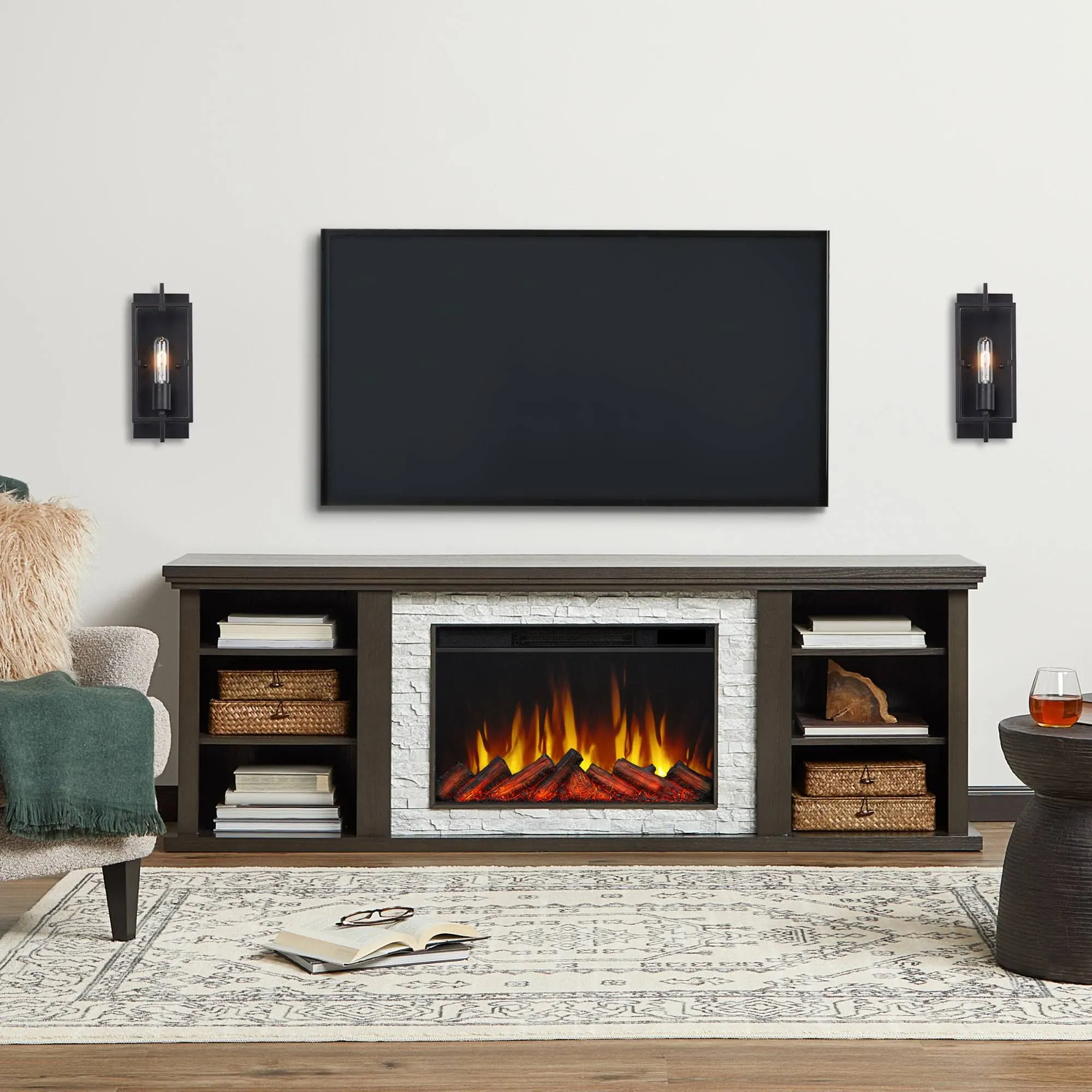 Real Flame Kenai 72" Modern Wood Slim Electric Fireplace in Dark Oak - Transitional - Entertainment Centers And Tv Stands - by Homesquare | Houzz