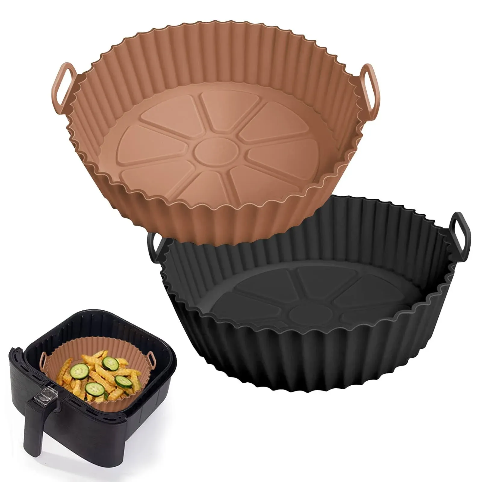 2 Pack Air Fryer Silicone Liners Pot for 3 to 5 QT, Air Fryer Silicone Basket Bowl, Replacement of Flammable Parchment Paper, Reusable Baking Tray Oven Accessories, Brown+Blk, (Top 8in, Bottom 6.75in)