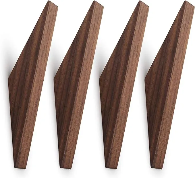 YANGQIHOME Pack of 4, Minimalist Design, Black Walnut Wood Natural Wooden Coat Hooks, Wall Mounted Single Wall Wood Hook Rack, Clothes Hat Hanger