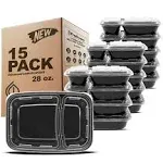 Freshware Meal Prep Containers [15 Pack] 2 Compartment with Lids, Food Storage Containers, Bento Box, BPA Free, Stackable, Microwave/Dishwasher