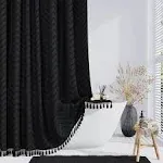 Dynamene Boho Farmhouse Shower Curtain, Black Fabric Tufted Chevron Striped Textured Tassel Shower Curtains for Bathroom, Water Repellent, Minimalist