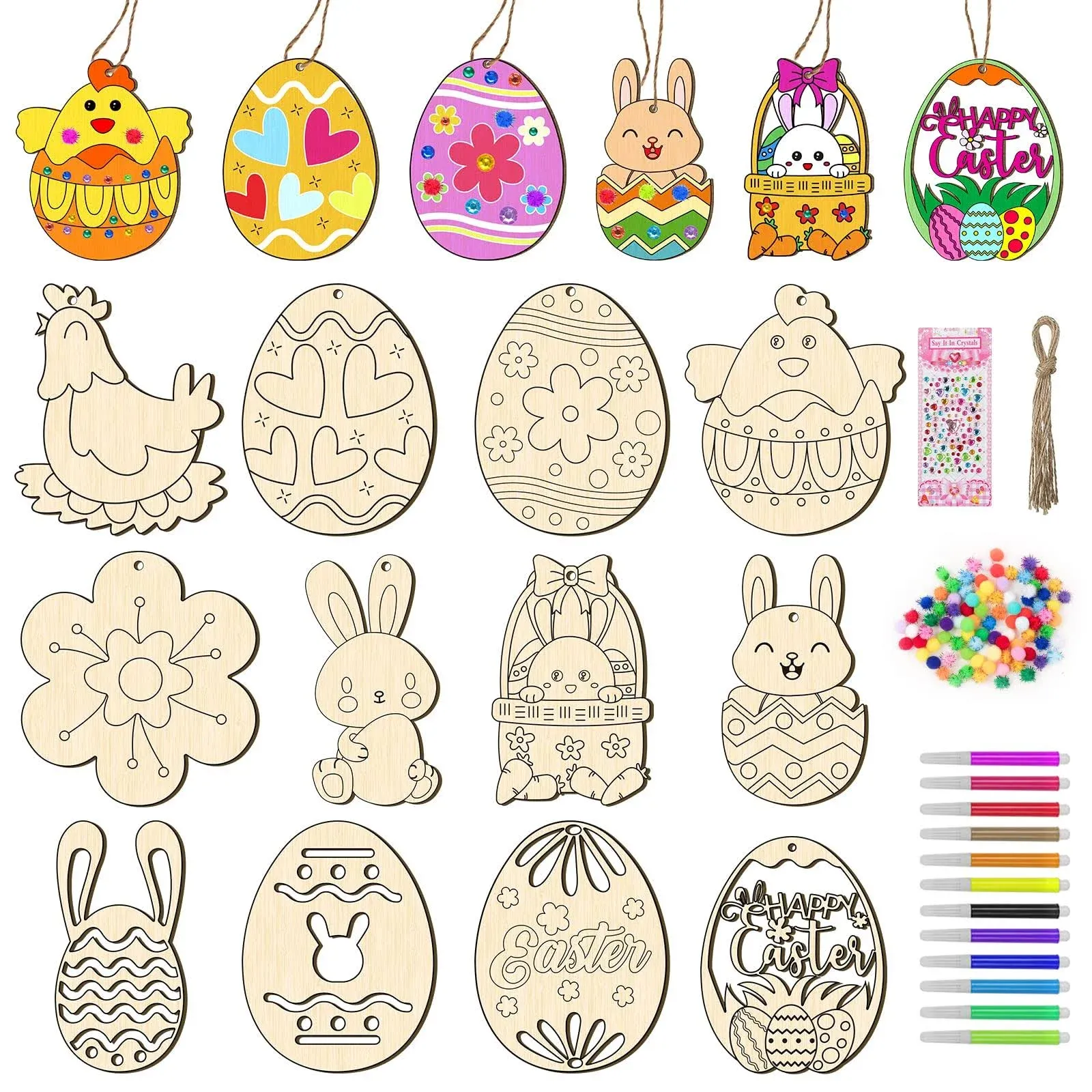 TREACLUB 36PCS Unfinished Wood Easter Ornaments, 12 Styles DIY Easter Eggs Bunny Chick Hanging Ornaments with Stickers Colored Pen Pom-poms Cutouts