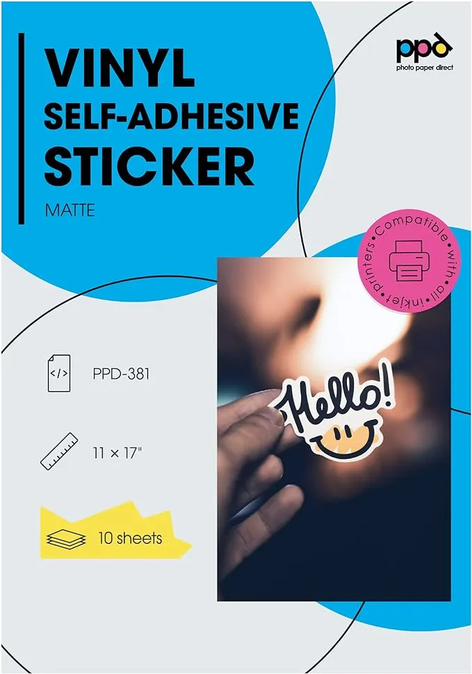 PPD Printable Vinyl Sticker Paper for Inkjet Printer, Matte Sticker Paper 11 x 17, Self-Adhesive Print Your Own Stickers at Home, Custom Photo, Waterproof & Tear Resistant, Instant Dry (10 Sheets)