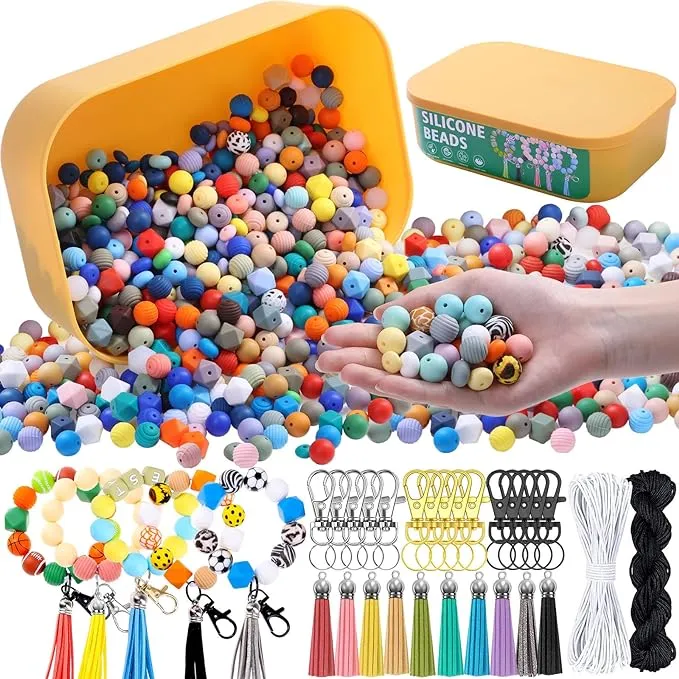 BOZUAN 225 Silicone Beads for Keychain Making Kit, Multiple Styles and Shapes Silicone Beads Bulk Rubber Beads for Keychains Making