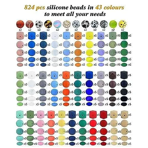 BOZUAN 824 Silicone Beads Bulk Kit Silicone Beads for Keychain Making Kit, Multiple Styles and Shapes Silicone Beads Bulk Rubber Beads for Keychains Making