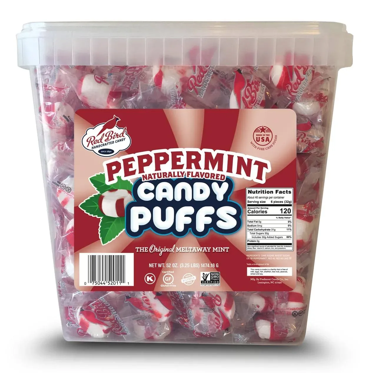 Red Bird Peppermint Candy Puffs 52 Oz Tub Christmas Individually Wrapped Mints S