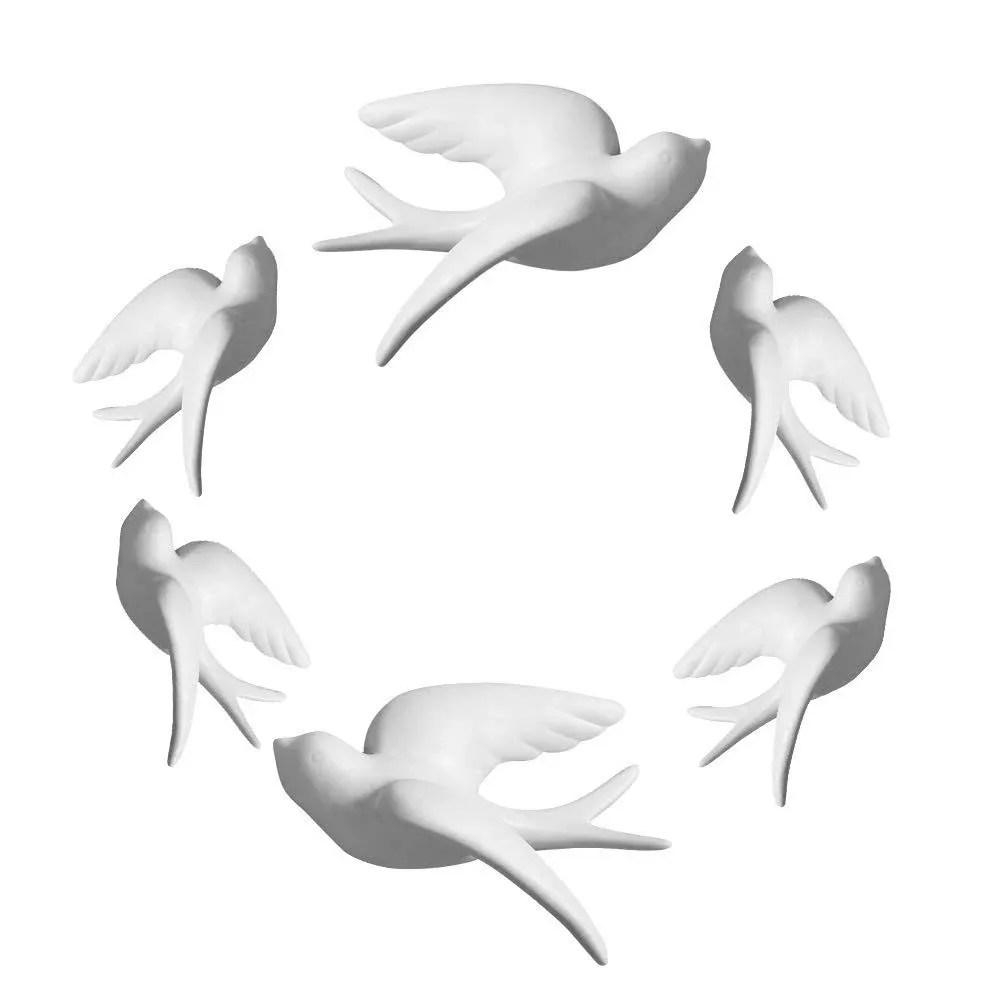 Set of 6 White Ceramic Birds Doves Sparrows Swallows Wall Mounted Decor Hanging 